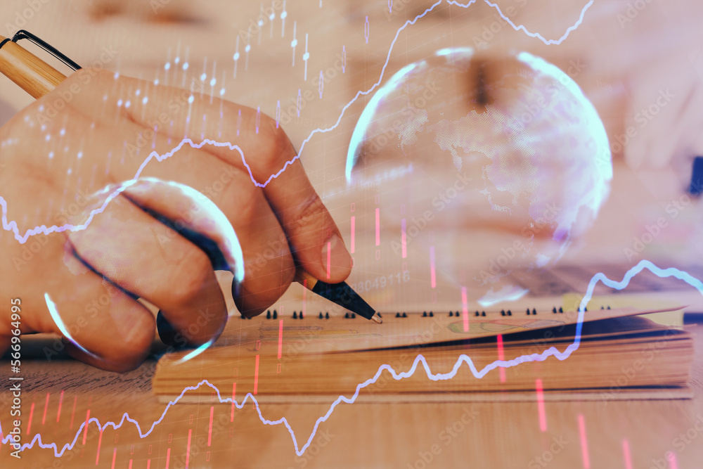 Poster double exposure of man doing notes of stock market with forex graph.
