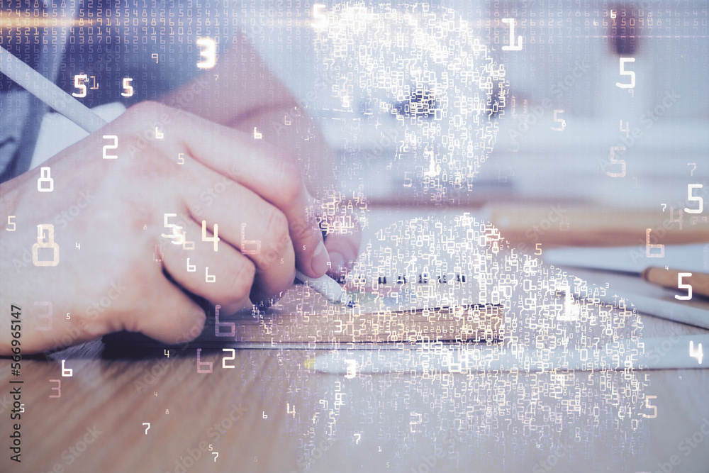 Poster close up of human hands background and abstract innovative technologies for industries. multi exposu
