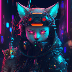 Fototapeta premium kawaii cat girl in the night neon city wih pet - Generated by Generative Ai