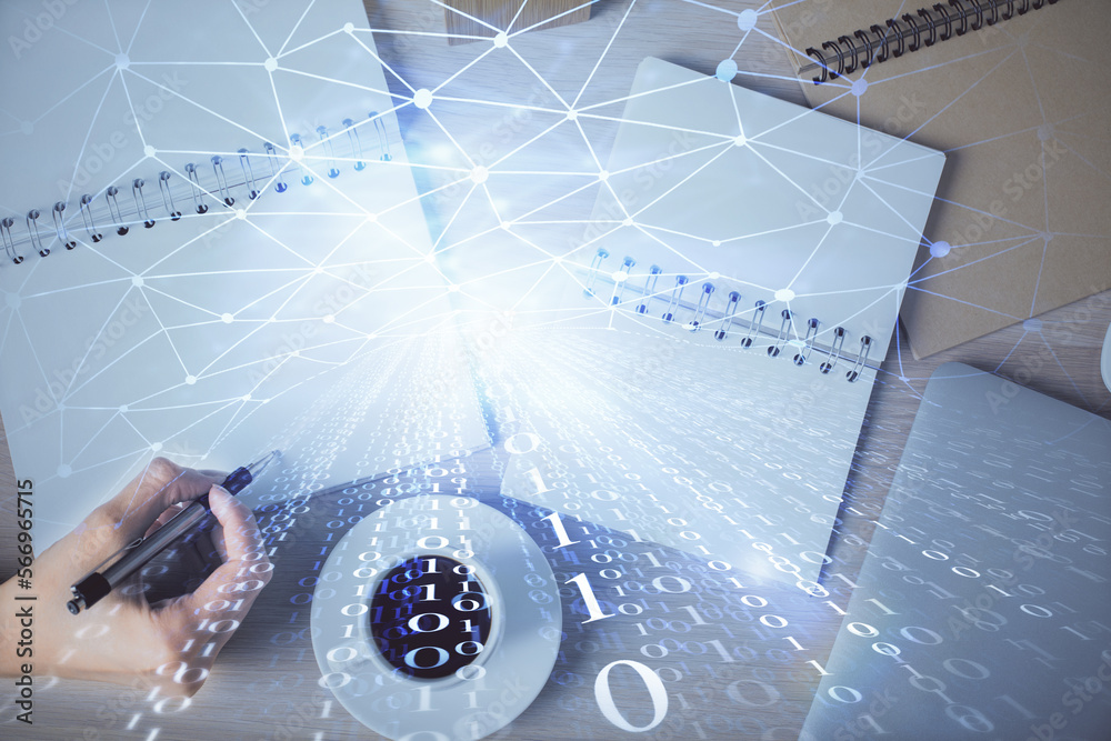 Poster multi exposure of woman's writing hand on background with data technology hud. concept of innovation