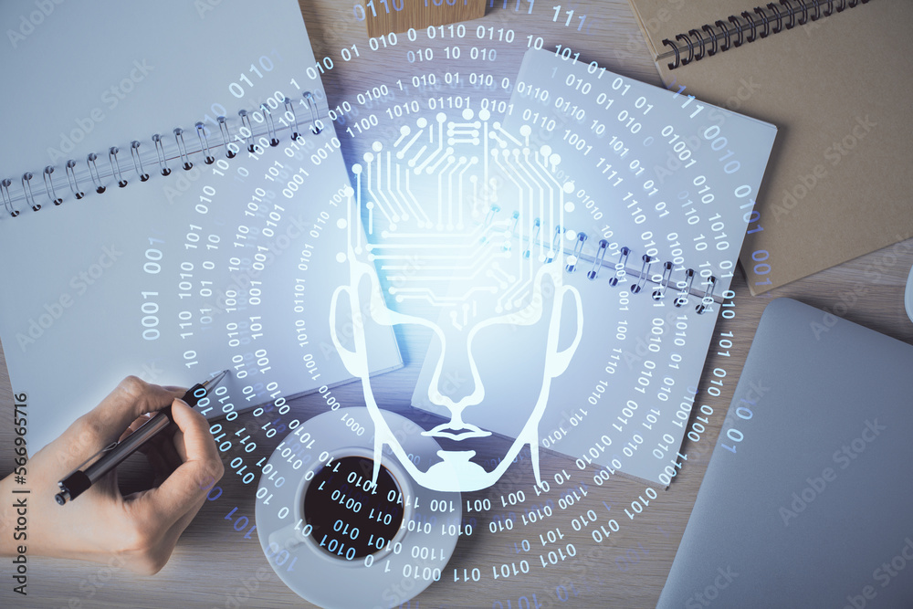 Poster multi exposure of woman's writing hand on background with brain hologram. concept of brainstorming.