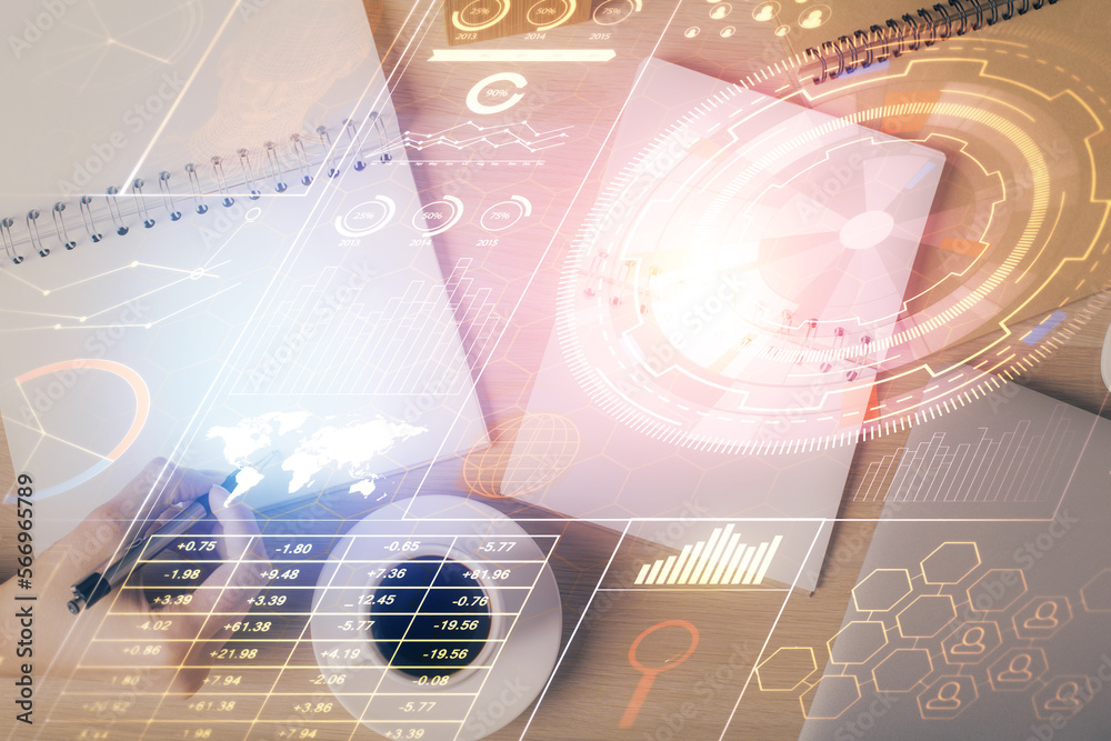 Poster multi exposure of woman's writing hand on background with data technology hud. concept of innovation