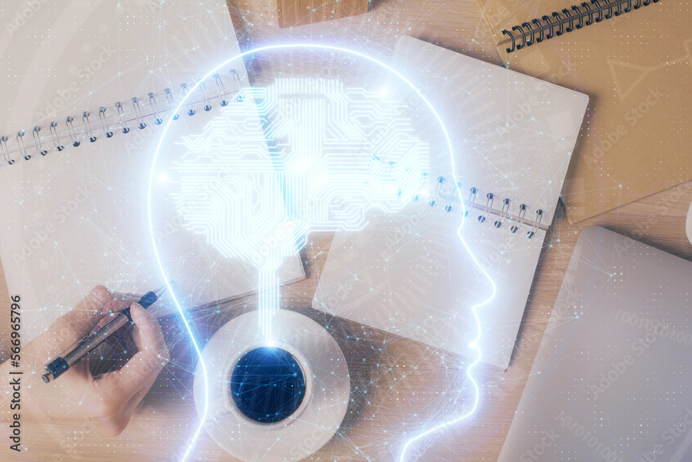 Poster multi exposure of woman's writing hand on background with brain hologram. concept of brainstorming.