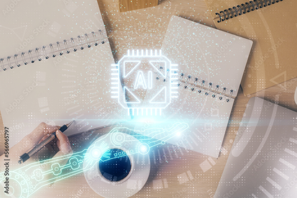 Poster multi exposure of woman's writing hand on background with data technology hud. concept of innovation