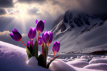purple crocus flowers blooming over mountains.Generative Ai