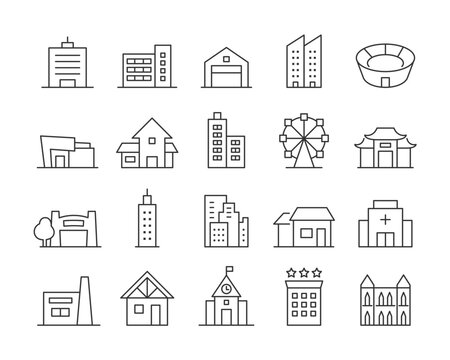 Buildings Icons - Vector Line. Editable Stroke.