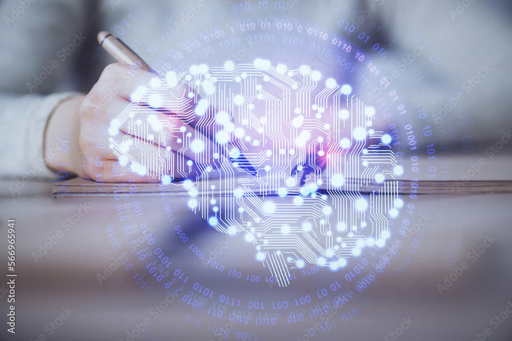 Poster double exposure of woman's writing hand on background with brain hud. concept of learning.