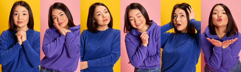 Collage. Portraits of young beautiful emotive girl posing, showing diversity of emotions over pink yellow background. Concept of emotions, facial expression, youth, inspiration, sales, ad