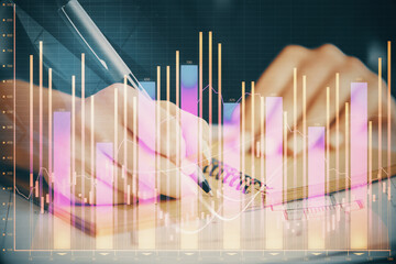 Forex chart displayed on woman's hand taking notes background. Concept of research. Double exposure