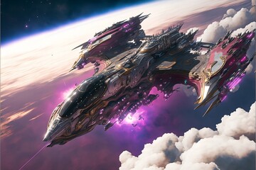 Sci-fi scene of space ships in battle, purples, and greens visible in the gas clouds. Generative AI
