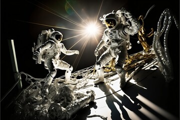 Astronauts on spacewalk, sun shining down from black void, generative AI