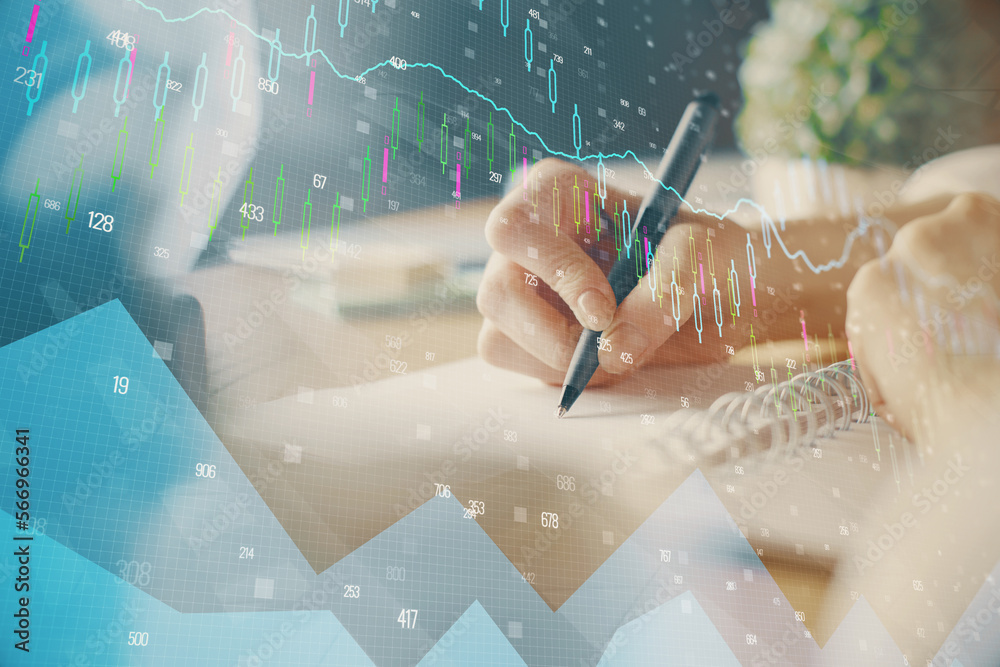 Poster financial forex graph displayed on hands taking notes background. concept of research. multi exposur