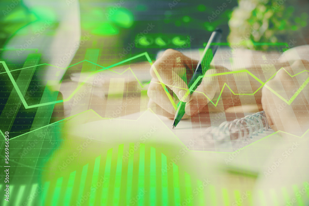 Poster financial forex graph displayed on hands taking notes background. concept of research. multi exposur