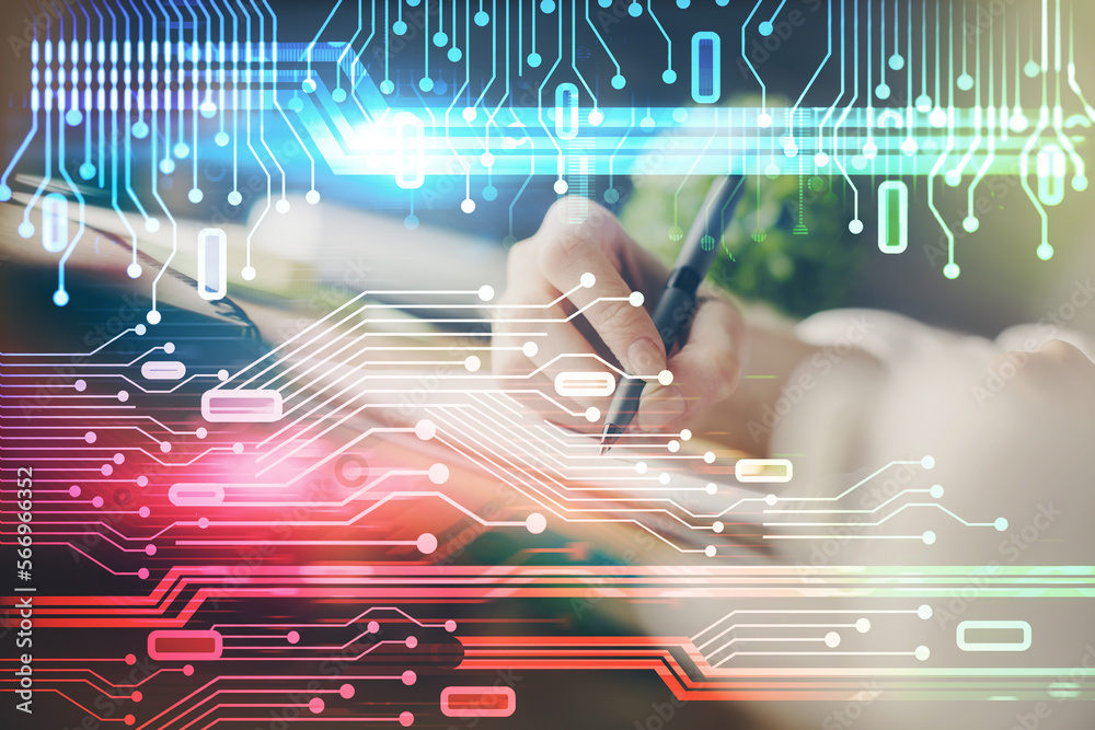 Poster Double exposure of hands making notes background with technology and digital coding huds. Data learning concept.