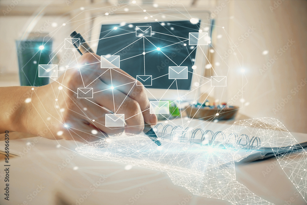 Poster e-mail abstract envelop drawing over hands taking notes background. concept of electronic mail. doub