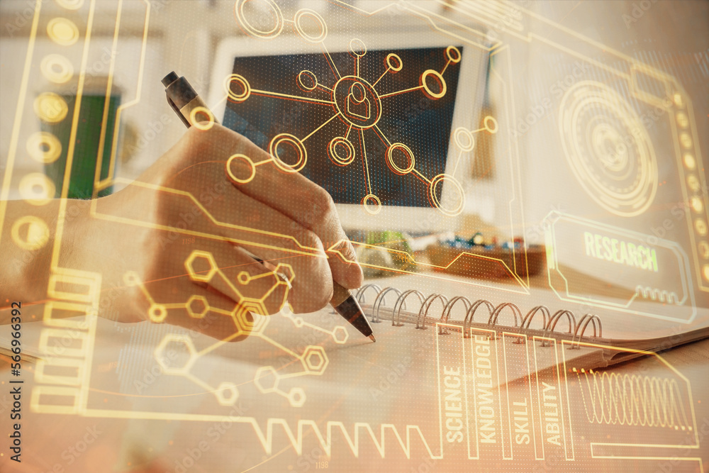 Poster Double exposure of hands making notes with digital coding icons. Computer learning concept.