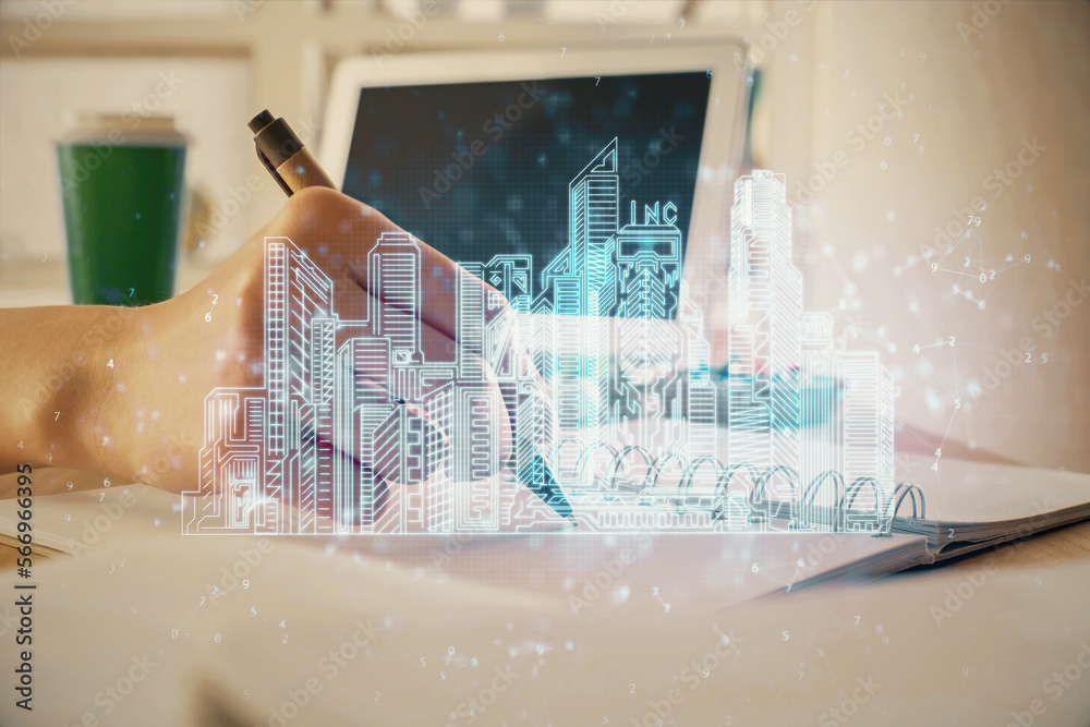 Poster IOT drawing over writing hands in notepad background. Concept of smart home. Multi exposure