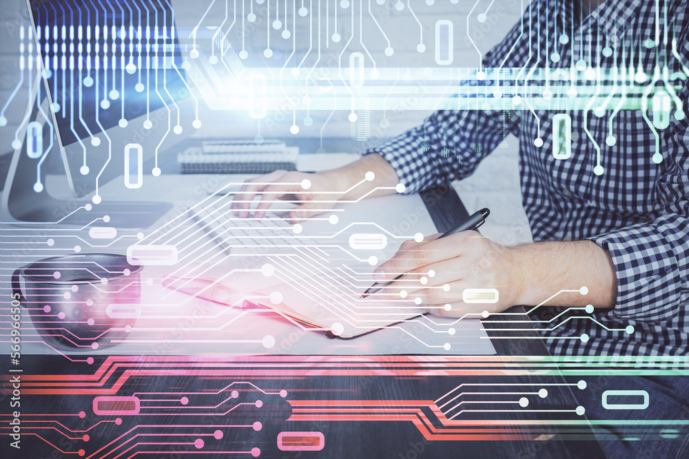 Poster Businessman with computer background with technology theme hologram. Concept of big data. Double exposure.