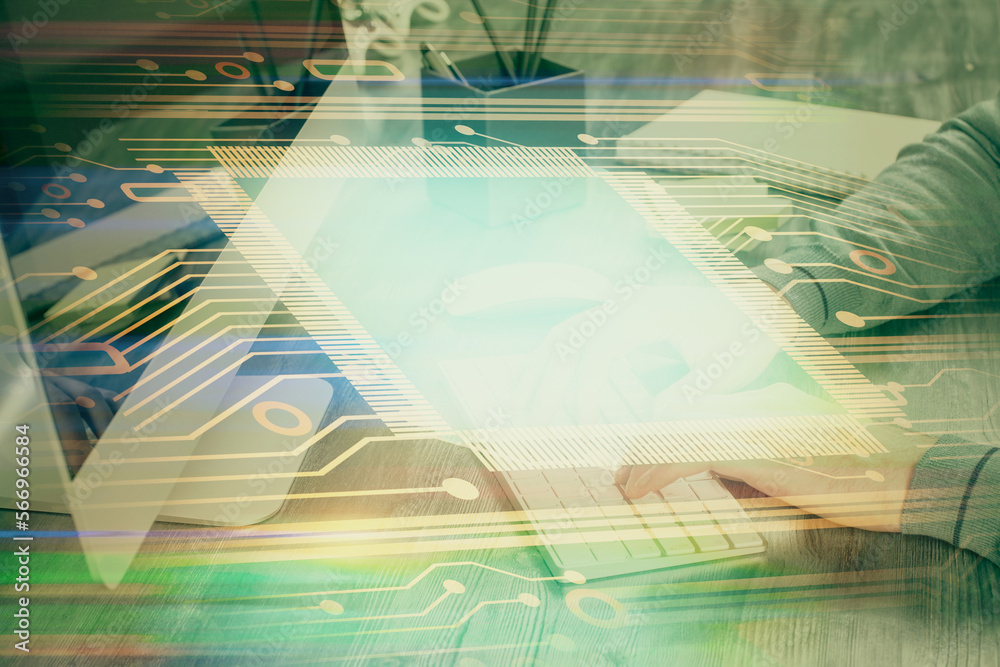 Aufkleber Double exposure of tech drawings with hands working on computer background. Concept of innovation.