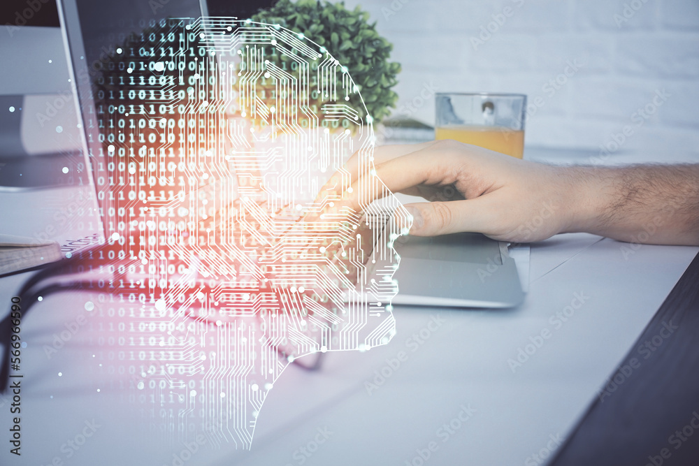 Aufkleber Man with computer background with brain theme hologram. Concept of brainstorm. Double exposure.