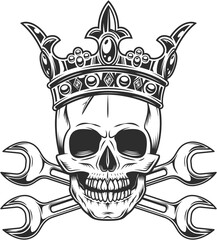 Vintage skull in royal crown with body shop service car and truck mechanic repair tool crossed wrench or construction for gas and builder plumbing pipe spanner illustration