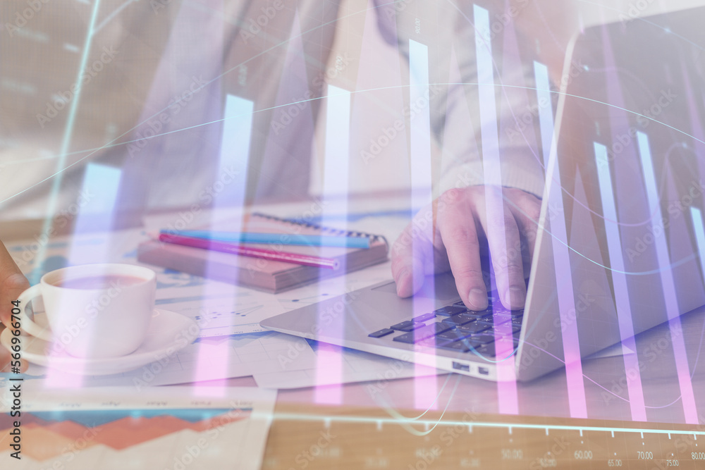 Poster Forex graph with businessman working on computer in office on background. Concept of hardworking. Multi exposure.