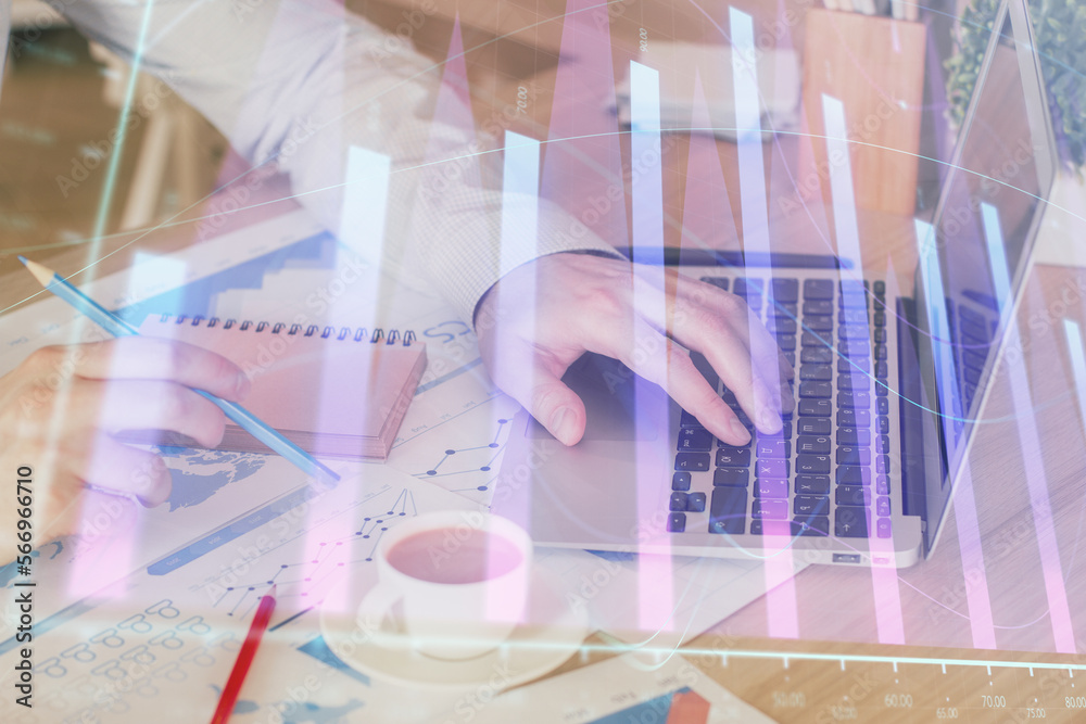 Aufkleber Forex graph with businessman working on computer in office on background. Concept of hardworking. Multi exposure.