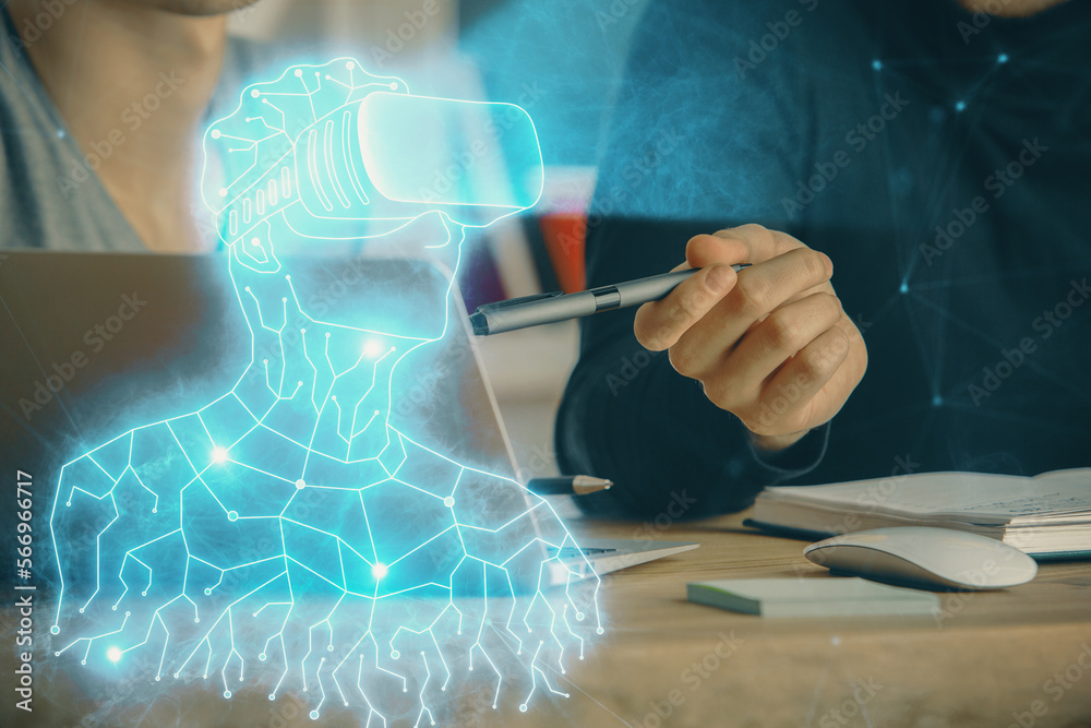 Aufkleber ar hologram with man working on computer on background. augmented reality concept. double exposure.