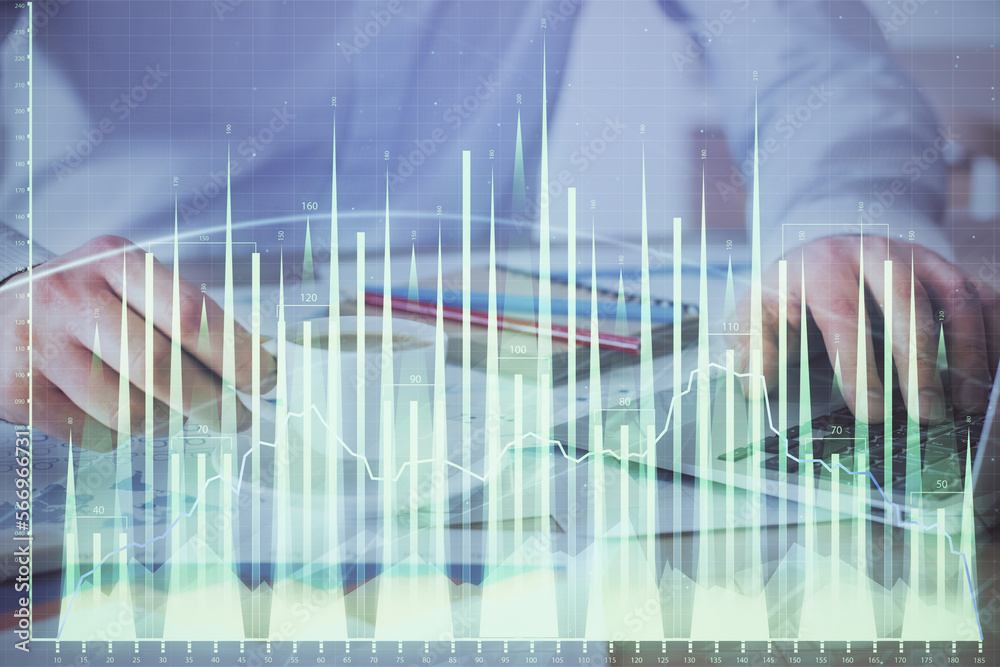 Poster Forex graph with businessman working on computer in office on background. Concept of hardworking. Double exposure.