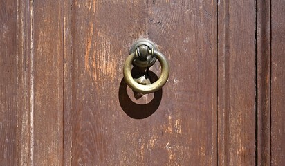 Detail of a brown wooden door with a metal knocker