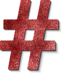 Fototapeta premium Red glitter hashtag sign with shadow. Red glitter 3d hashtag icon.