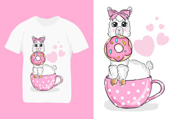 Cute llama alpaca in cup or mug with sweet donut. Design for kids t-shirt