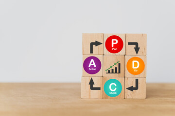 For continuous quality improvement model of four keys stages (Plan, Do, Check, Action or  PDCA), efficiency concept. Solving problems, improving organizational process. wood cube block with graph icon