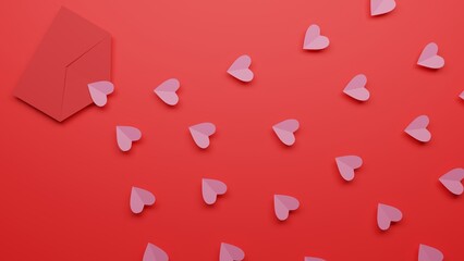 pink hearts in the red mail on red background.3d rendering.