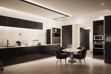 Fototapeta premium Modern Contemporary kitchen room interior. warm tone. Generative AI illustration.