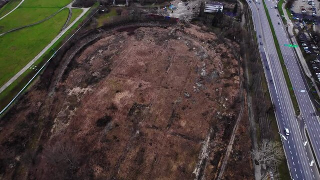 Aerial view of abandoned FSO car test track in Warsaw, Poland. High quality 4k footage