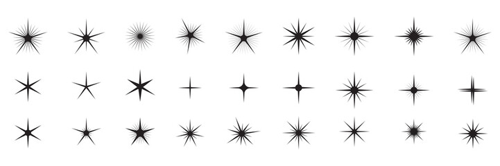 Star icons. Twinkling stars. Symbols of sparkle, glint, gleam, etc. Christmas vector symbols isolated white background.