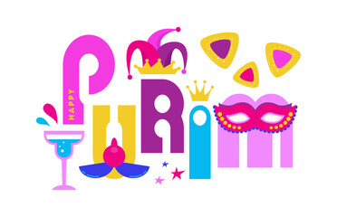 Carnival, Purim, festival masks, costumes parts. Colorful vector elements