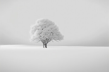 Beautiful, minimalist landscape with a lone tree. Clean white world concept. Post-processed digital AI art
