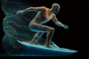 futuristic artificial intelligence surfer surfs on energy wave, digital wave, data stream, generative ai - obrazy, fototapety, plakaty