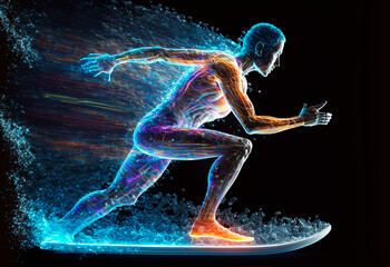 Obraz na płótnie Canvas futuristic artificial intelligence surfer surfs on energy wave, digital wave, data stream, generative ai