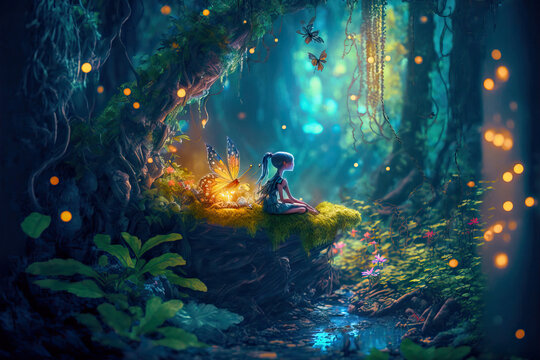 Little fairy in an enchanted magical forest. Post-processed digital AI art	
