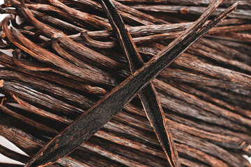 Vanilla Planifolia and leaves ,Bourbon Vanilla Dark brown to black and green beans.