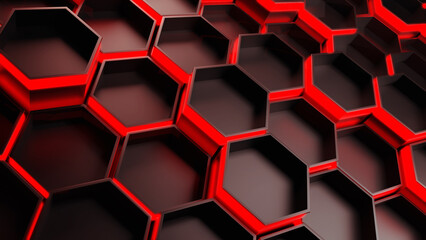Dark hexagons with red light futuristic background, 3d render illustation.