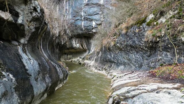 Spectacular gorge geological formation Cheile Banitei, near Petrosani town, Hunedoara county, Romania. Drone footage.