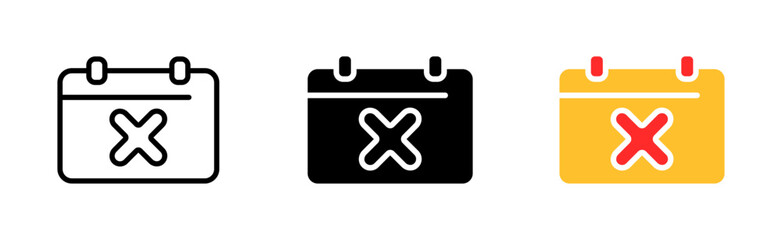 Calendar with cross. Important day, error, cancel, reject, month, punctuality, anniversary. Time management concept. Vector icon in line, black and colorful style on white background