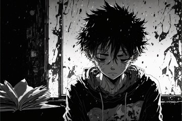 Naklejka premium illustration of an anime depressed boy generative ai