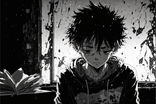 illustration of an anime depressed boy generative ai
