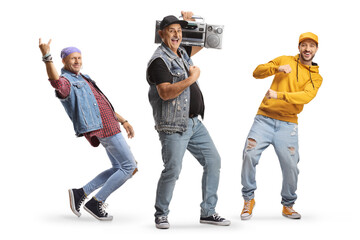 Cheerful men with a boombox dancing and smiling
