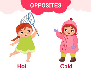 Vector learning material for kids opposites easy difficult. Cartoon illustrations of cute girl in summer clothes with a net and a girl in winter clothes.
